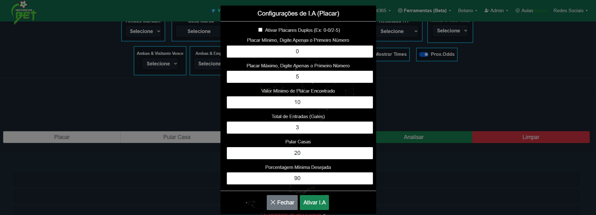Painel de configuração da Inteligência Artificial com opções personalizáveis para automatizar análises avançadas